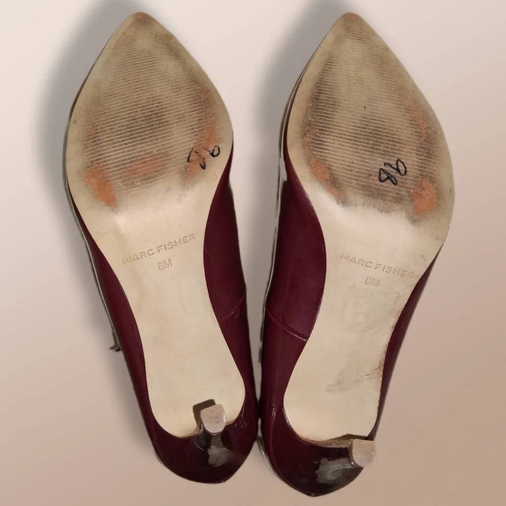 MARC FISHER Burgundy Patent Leather Strappy Pointed Toe Heels Ankle Strap Size 8 - Picture 13 of 13